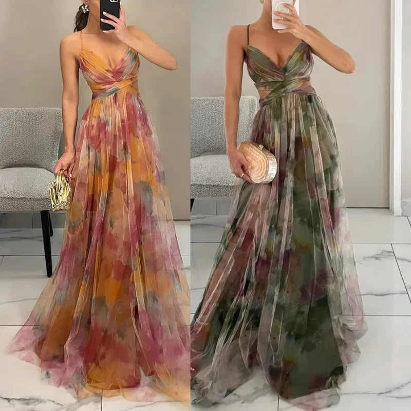 Isabella Floral Chiffon Lace-Up Maxi Dress