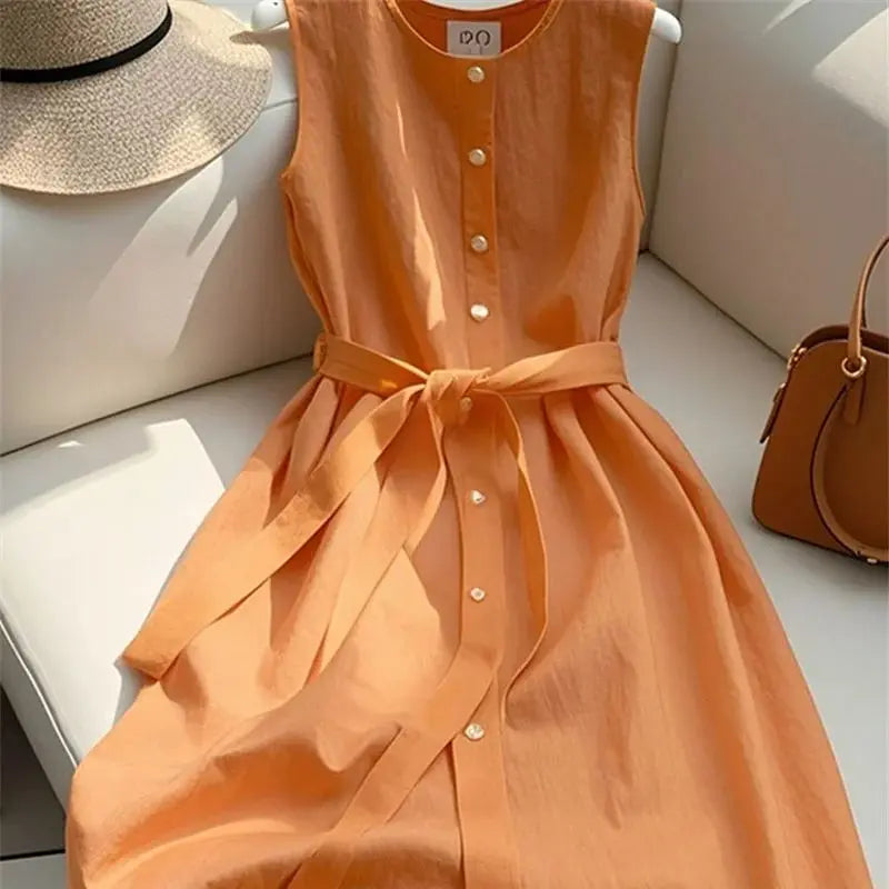 Clara French Linen Belted Midi Dress
