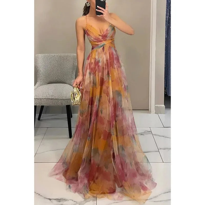 Isabella Floral Chiffon Lace-Up Maxi Dress