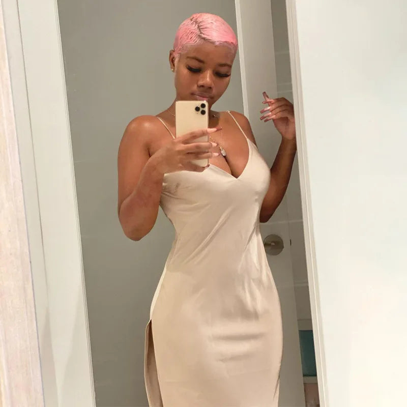 Sophia Backless High Split Silk Dress