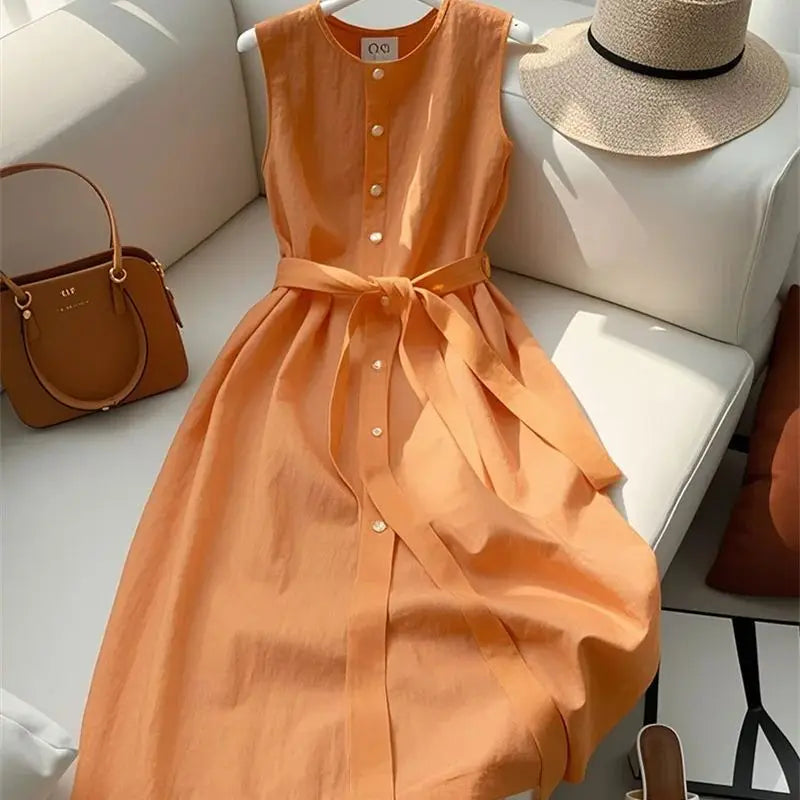 Clara French Linen Belted Midi Dress