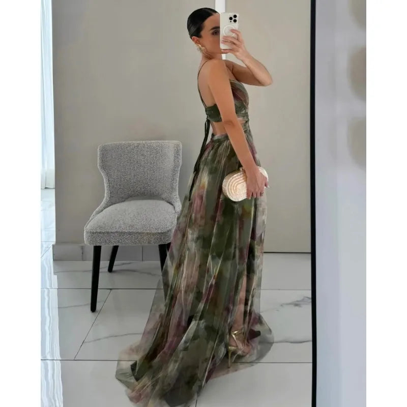 Isabella Floral Chiffon Lace-Up Maxi Dress