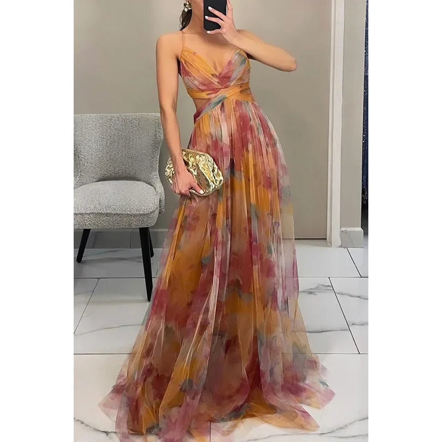 Isabella Floral Chiffon Lace-Up Maxi Dress