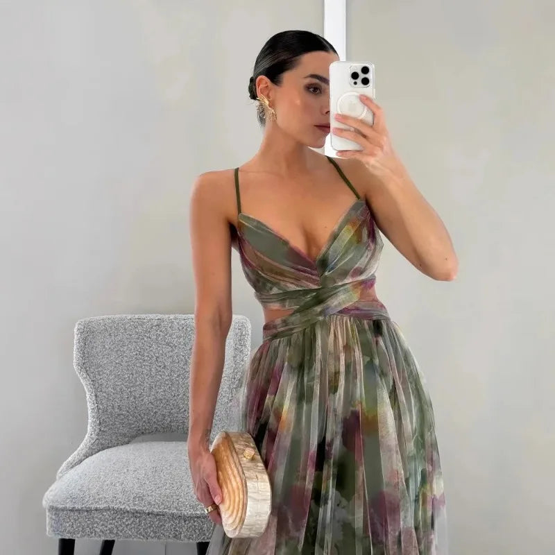 Isabella Floral Chiffon Lace-Up Maxi Dress