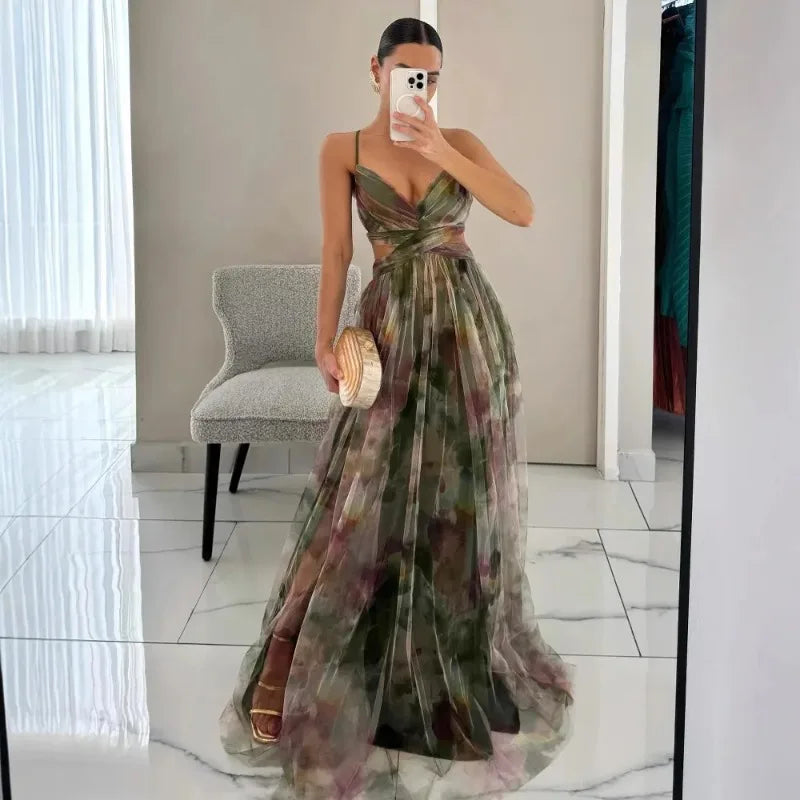 Isabella Floral Chiffon Lace-Up Maxi Dress
