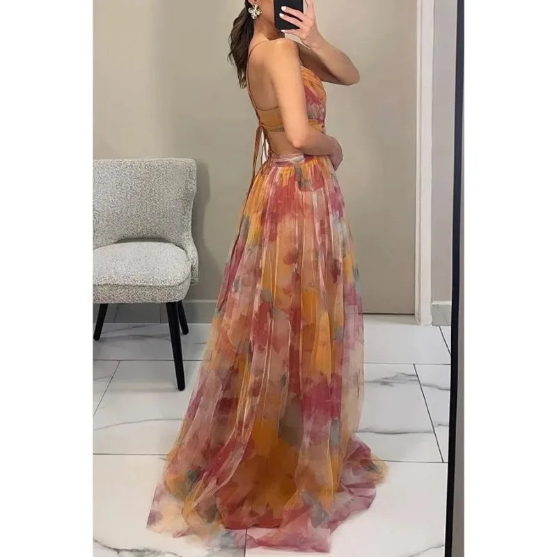 Isabella Floral Chiffon Lace-Up Maxi Dress