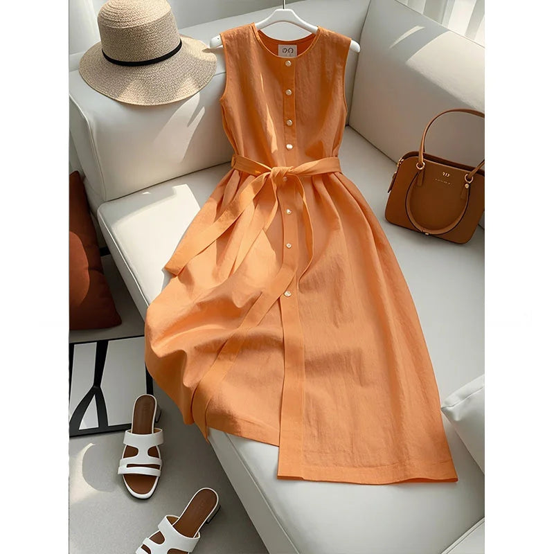 Clara French Linen Belted Midi Dress