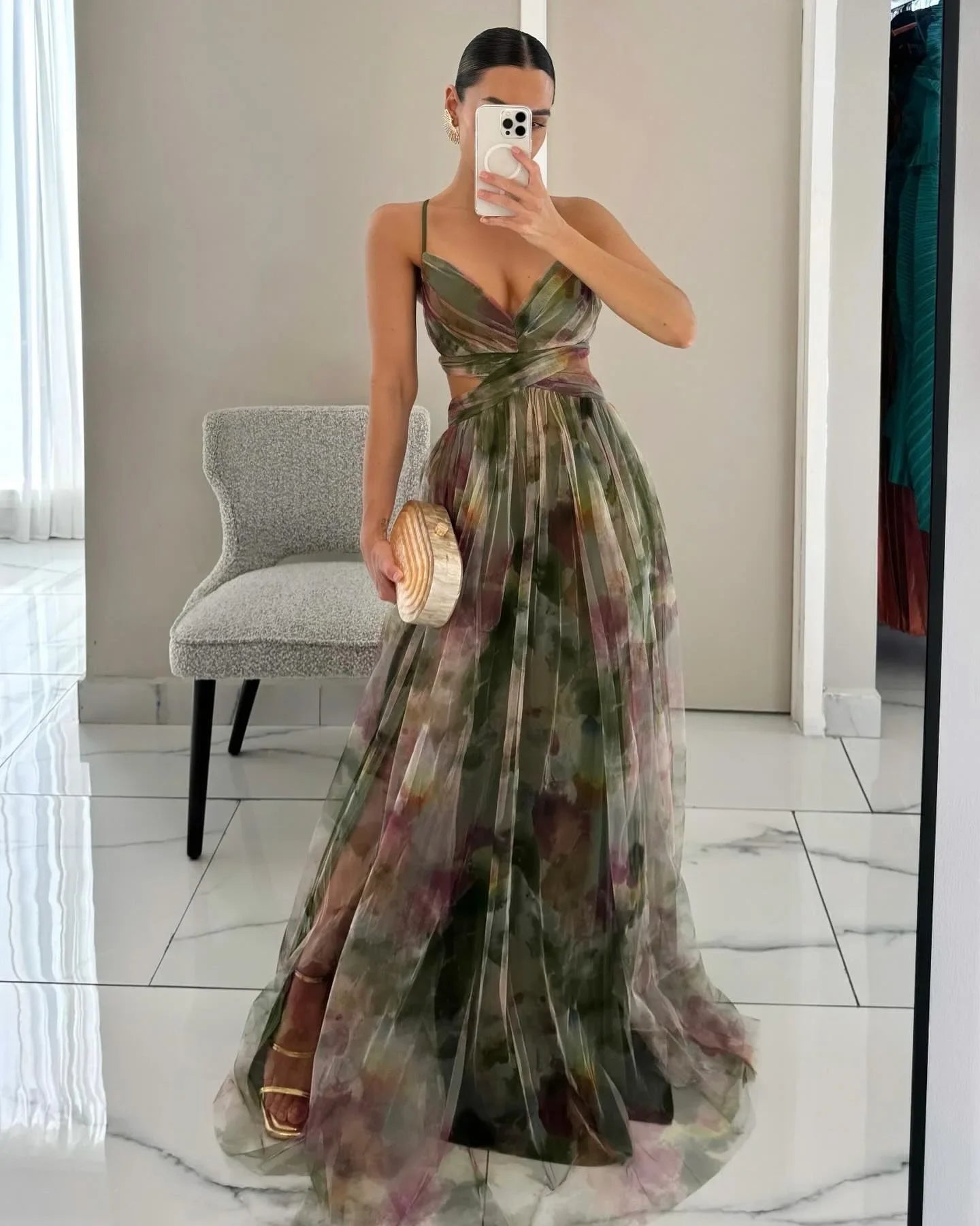 Isabella Floral Chiffon Lace-Up Maxi Dress