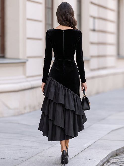 Adeline Velvet Ruffle Midi Dress