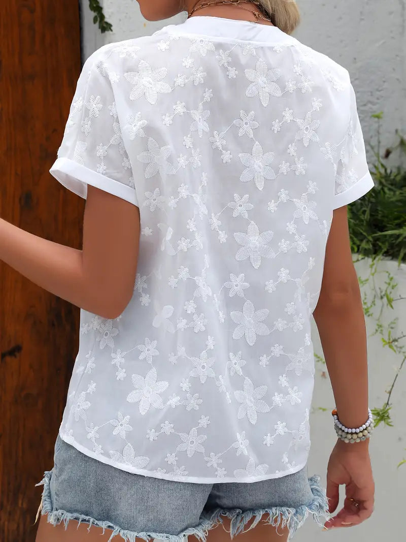 Luna Embroidered Button V-Neck Blouse