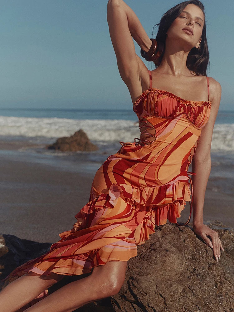 Sofia Sexy Ruffle Print Maxi Dress