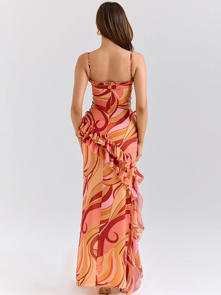 Sofia Sexy Ruffle Print Maxi Dress