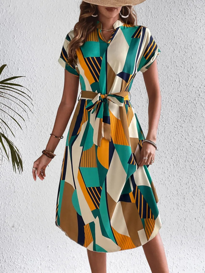 Nora Geo-Print Belted Midi Dress