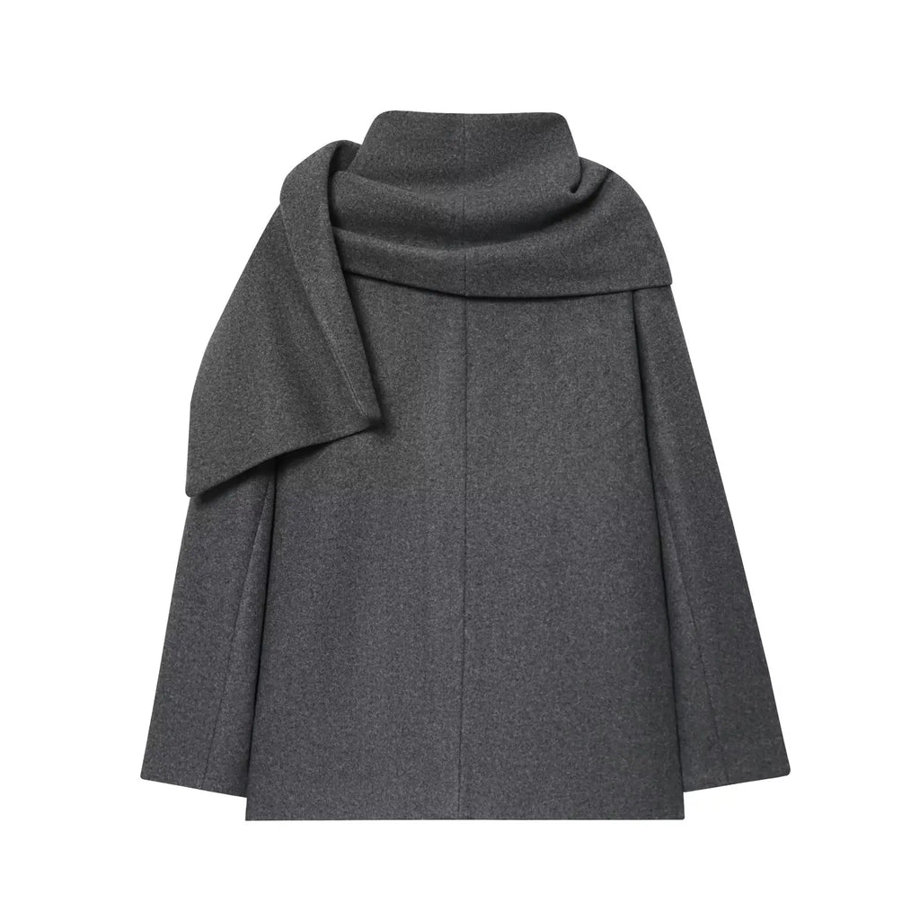 Rear view of the Gray draped scarf-collar coat