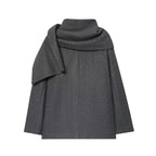 Rear view of the Gray draped scarf-collar coat