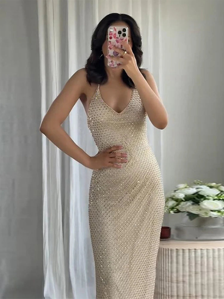Ava Pearl-Embellished Halter Gown