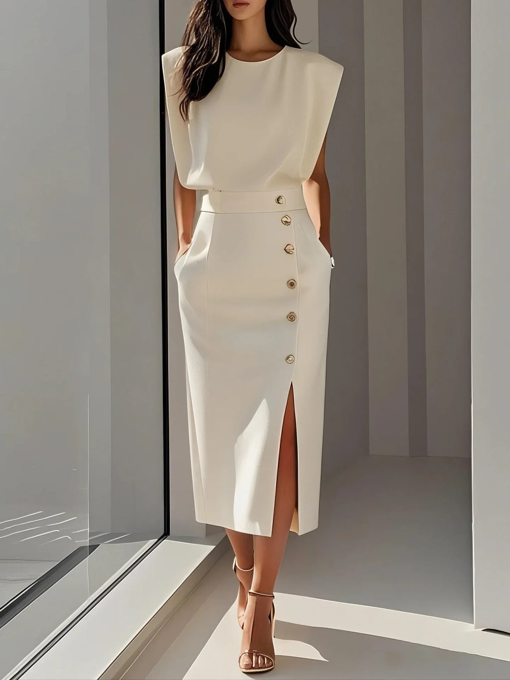 Elena Sculpted Button Midi Dress