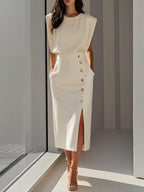 Elena Sculpted Button Midi Dress