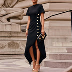 Celeste Gold Button Asymmetric Maxi Dress