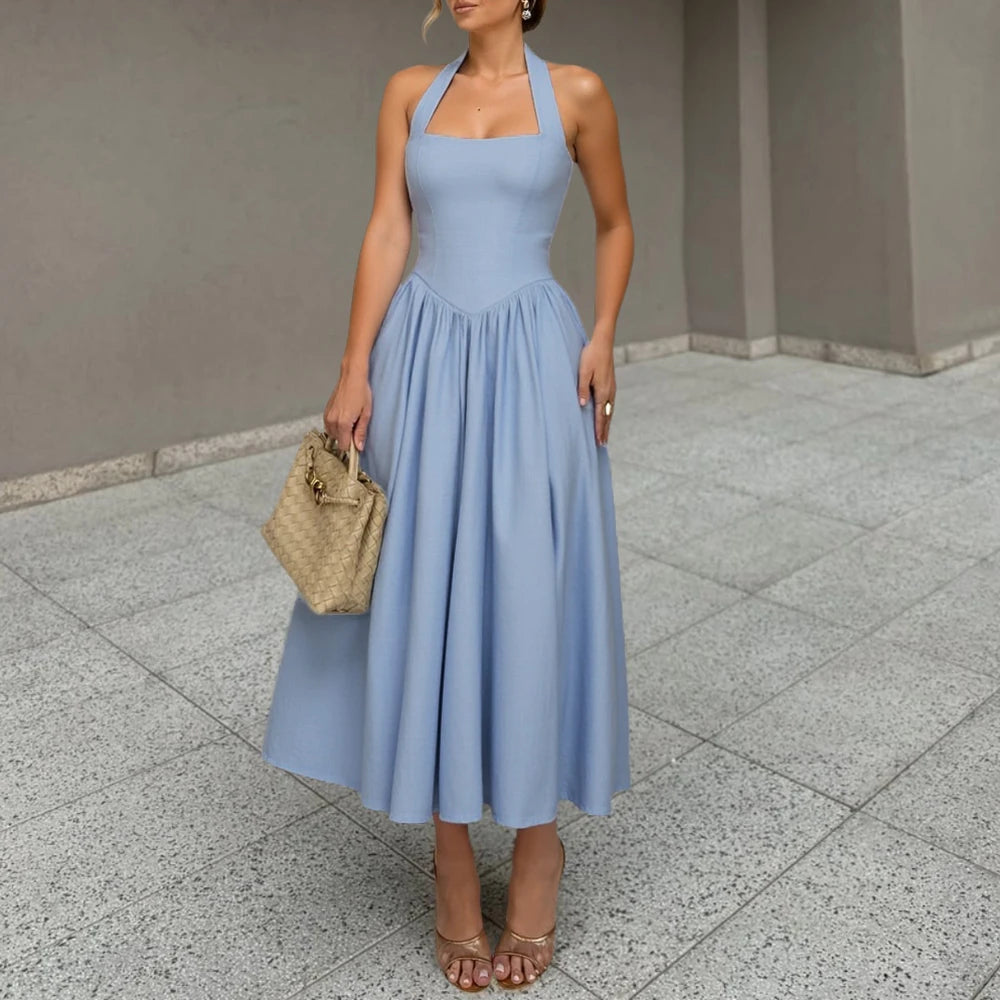 Penelope Pleated Halter Midi Dress