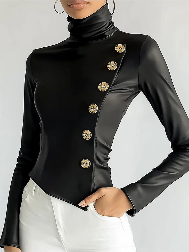 Selina Buttoned Vegan Leather Turtleneck