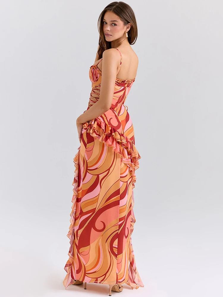 Sofia Sexy Ruffle Print Maxi Dress