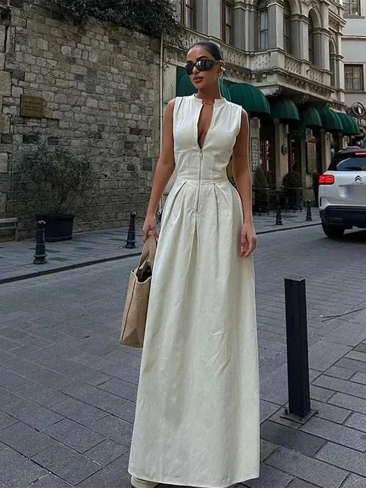 Vivienne Pleated V-Neck Maxi