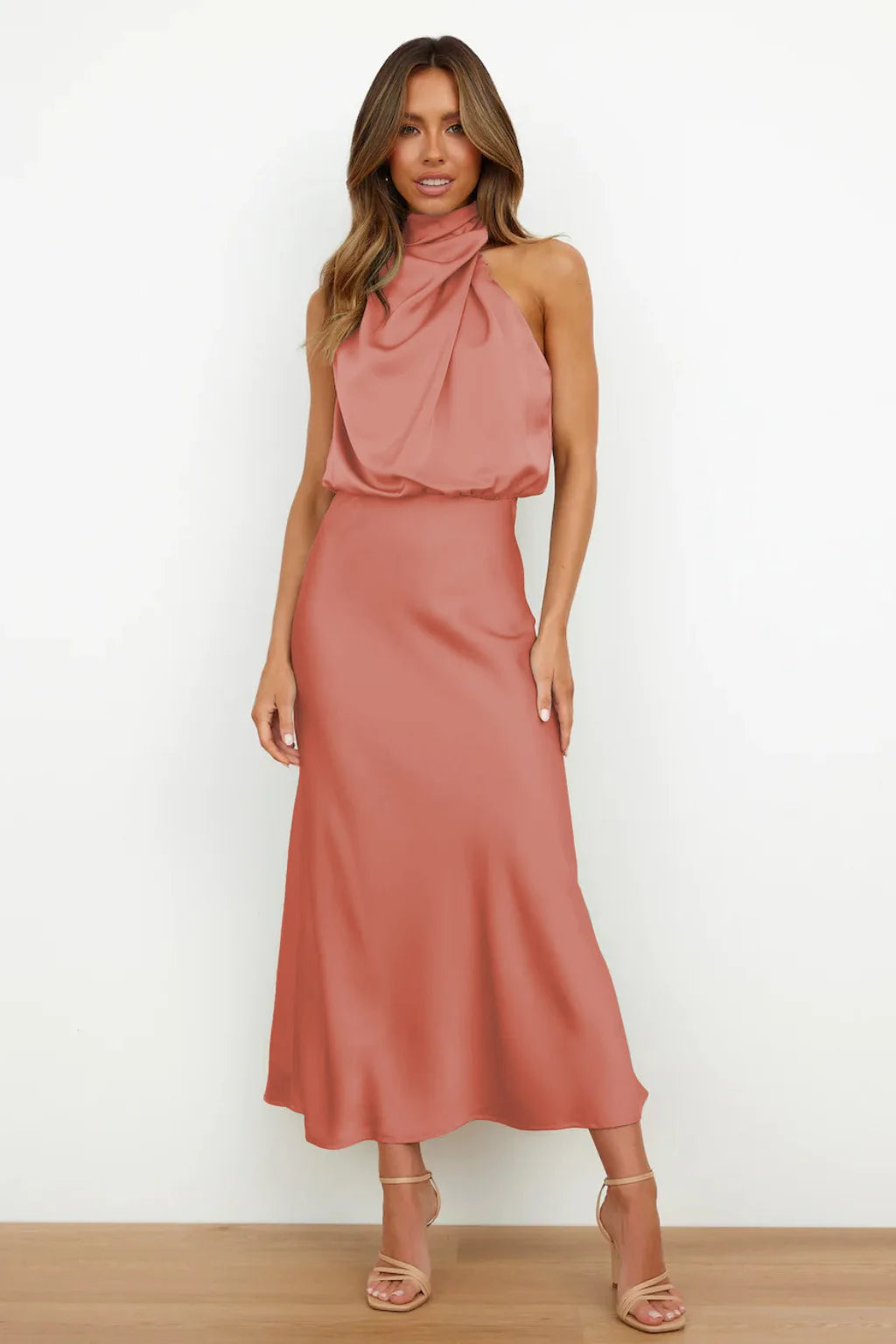 Natalia Noir Satin Halter Dress