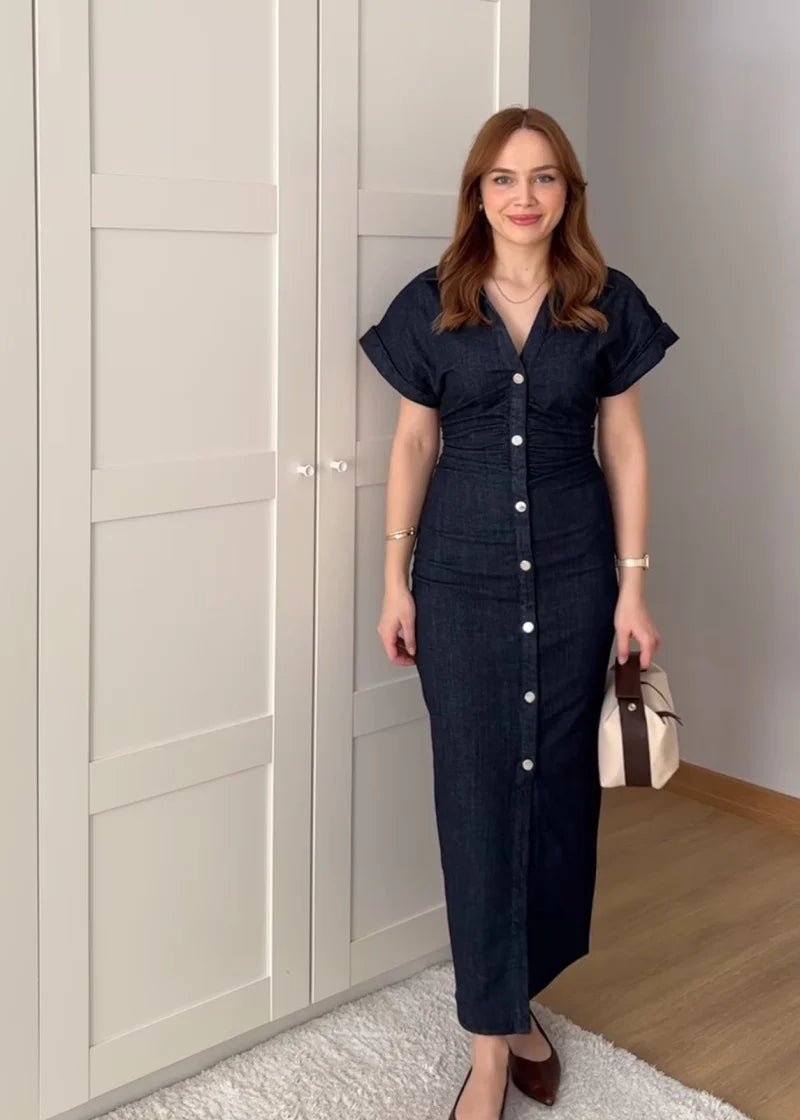 Ayla Buttoned Denim Midi Dress