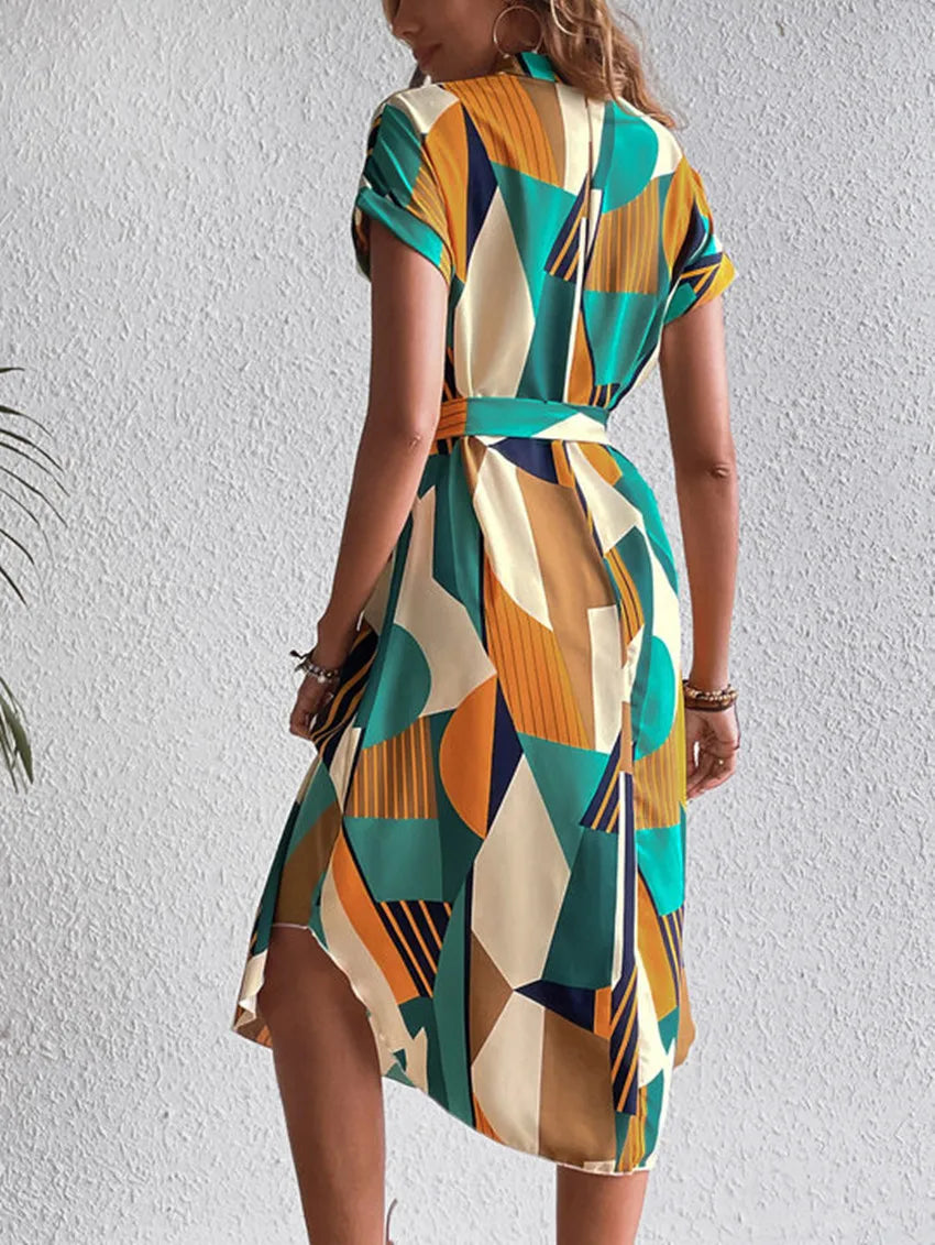 Nora Geo-Print Belted Midi Dress