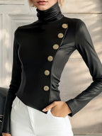Selina Buttoned Vegan Leather Turtleneck