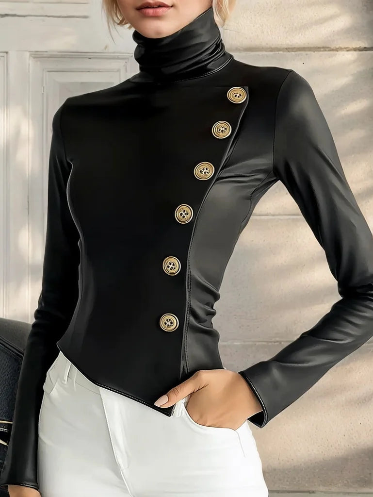 Selina Buttoned Vegan Leather Turtleneck