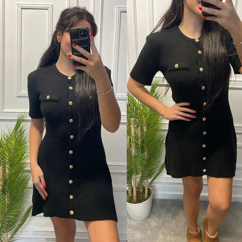 Alessia Gold-Button Knit Dress