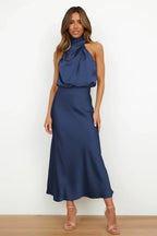 Natalia Noir Satin Halter Dress