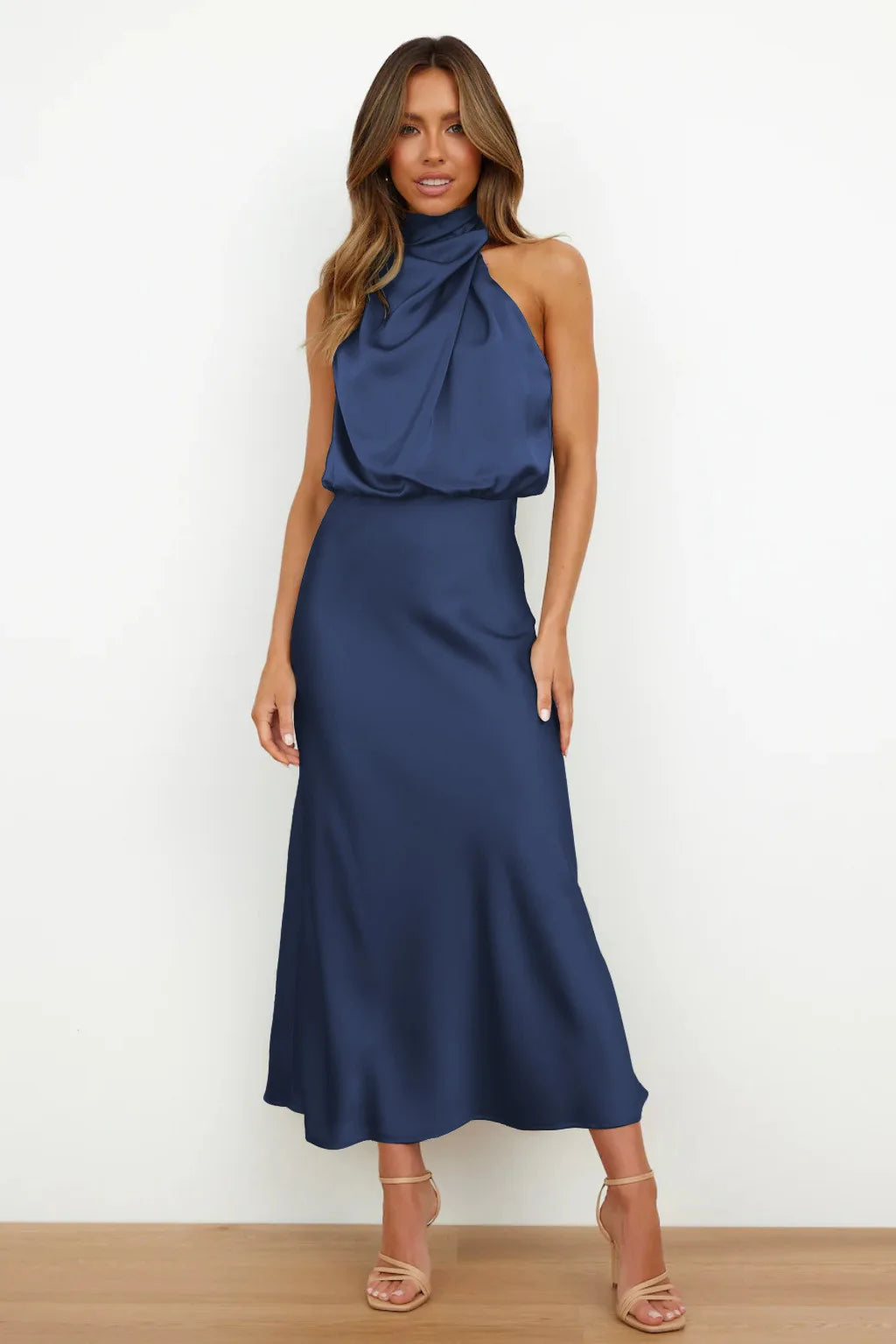 Natalia Noir Satin Halter Dress