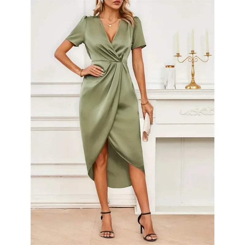 Isla Satin Cross-Neck Wrap Dress