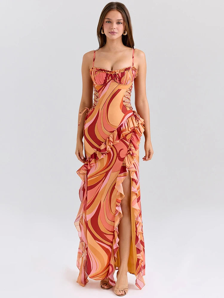 Sofia Sexy Ruffle Print Maxi Dress