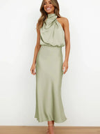 Natalia Noir Satin Halter Dress