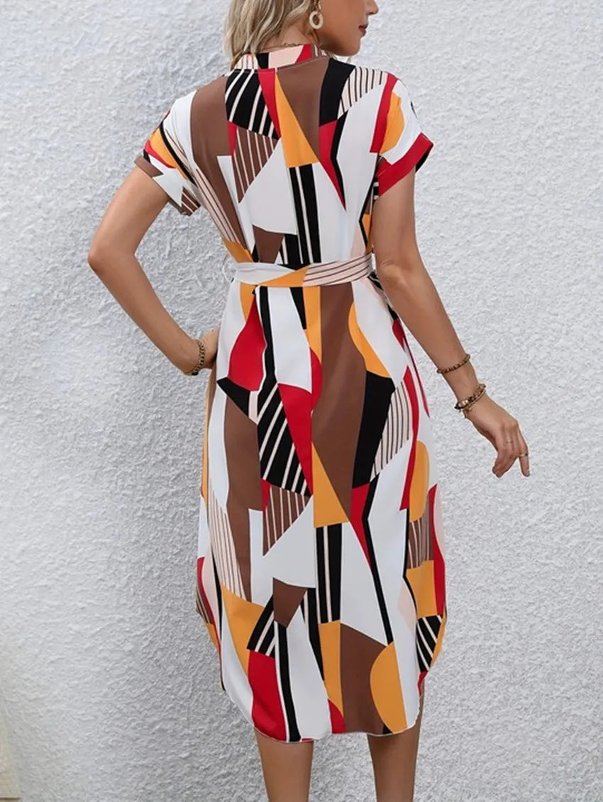 Nora Geo-Print Belted Midi Dress