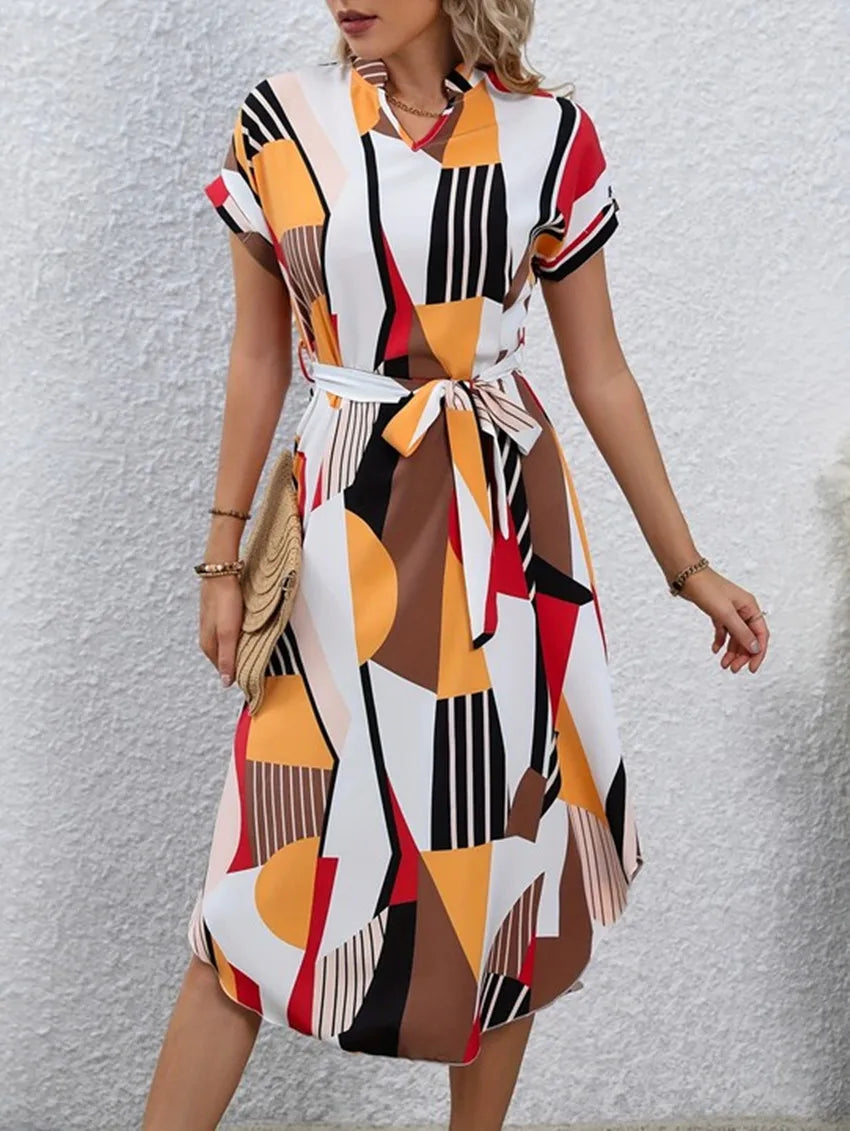 Nora Geo-Print Belted Midi Dress
