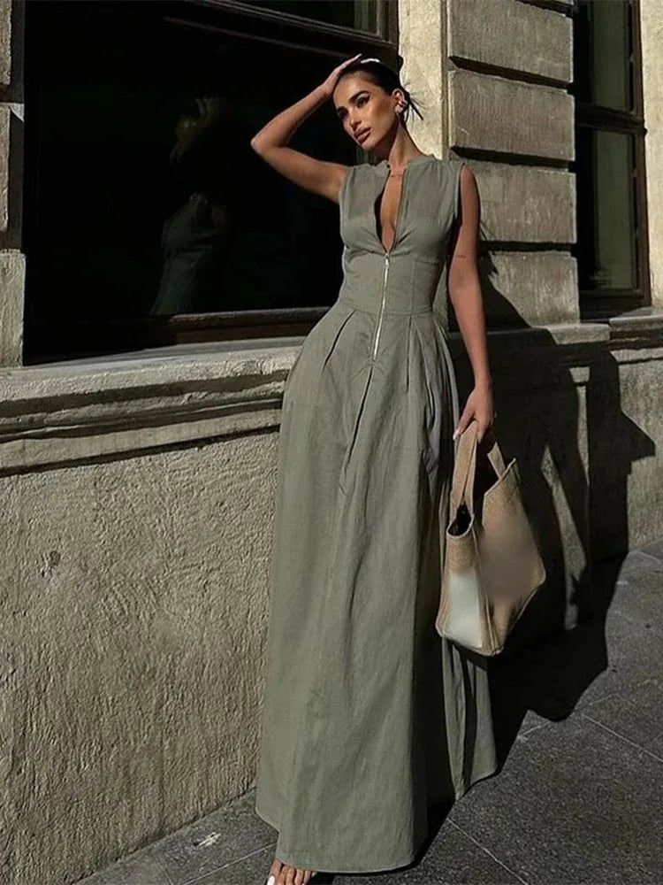 Vivienne Pleated V-Neck Maxi