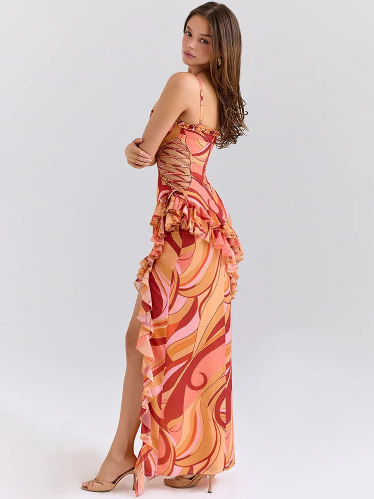 Sofia Sexy Ruffle Print Maxi Dress