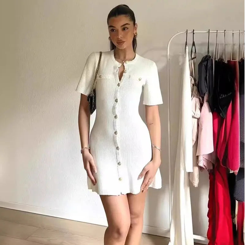 Alessia Gold-Button Knit Dress