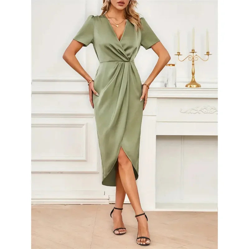 Isla Satin Cross-Neck Wrap Dress