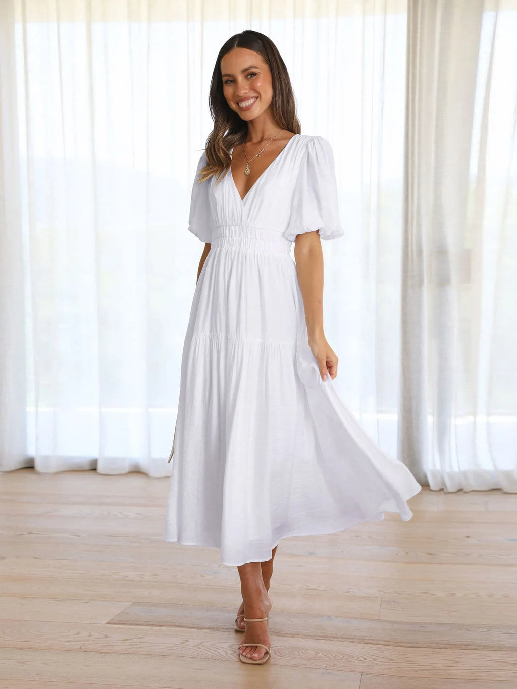 Lila Cream Puff Sleeve Midi Dress