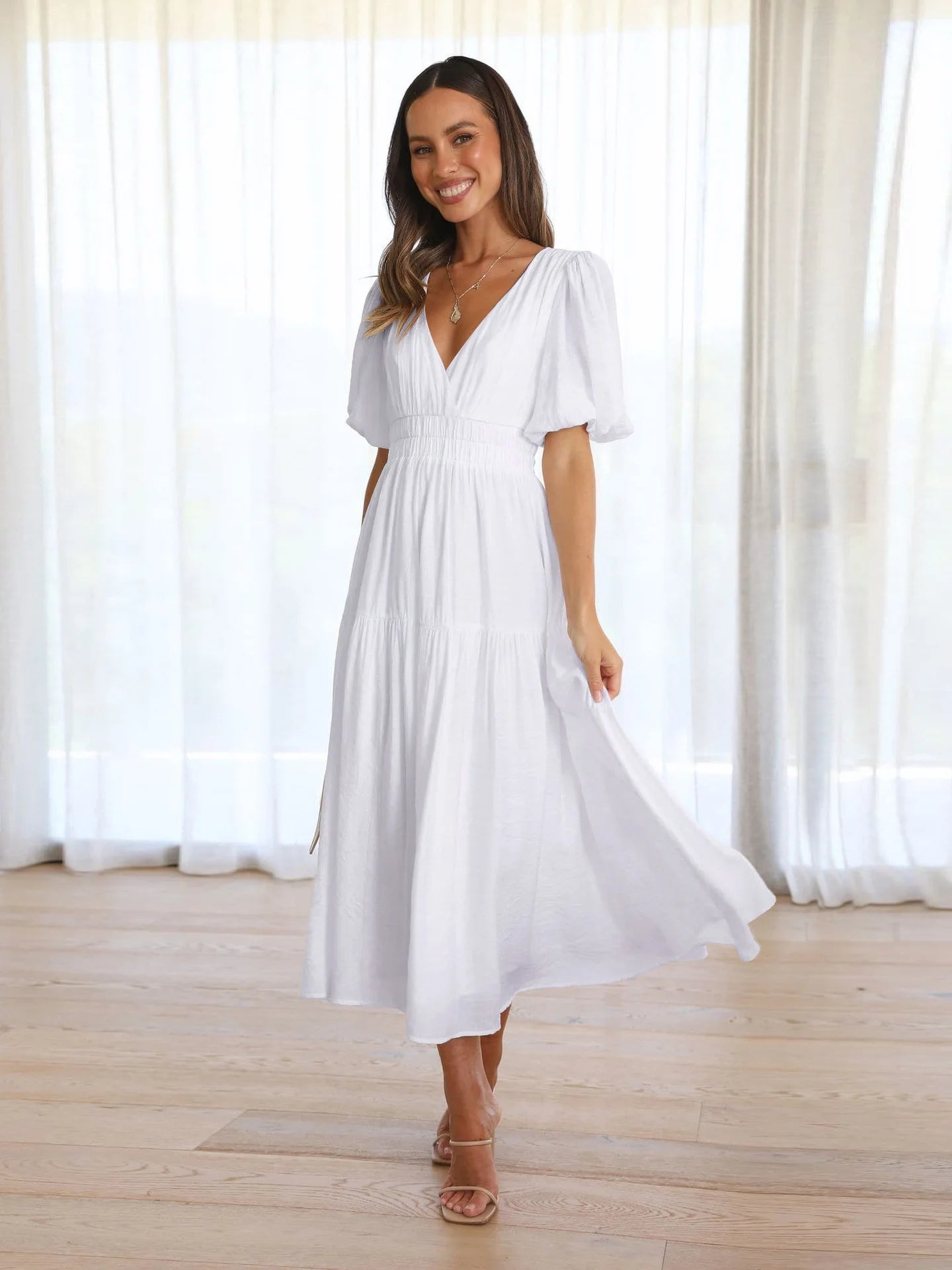 Lila Cream Puff Sleeve Midi Dress