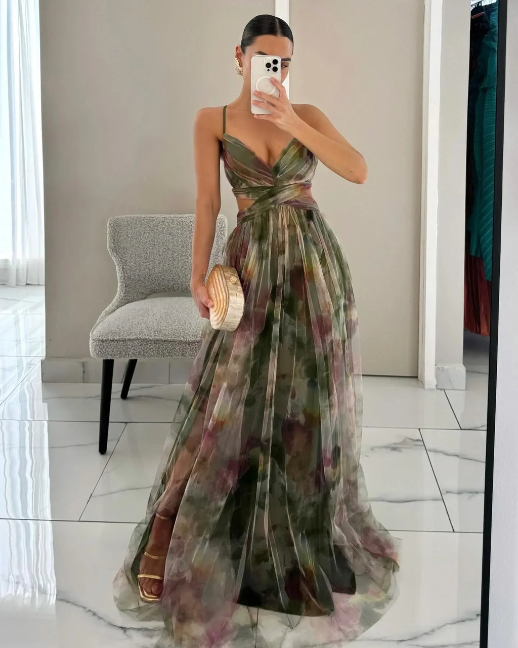 Isabella Floral Chiffon Lace-Up Maxi Dress