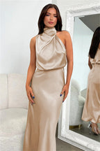 Natalia Noir Satin Halter Dress