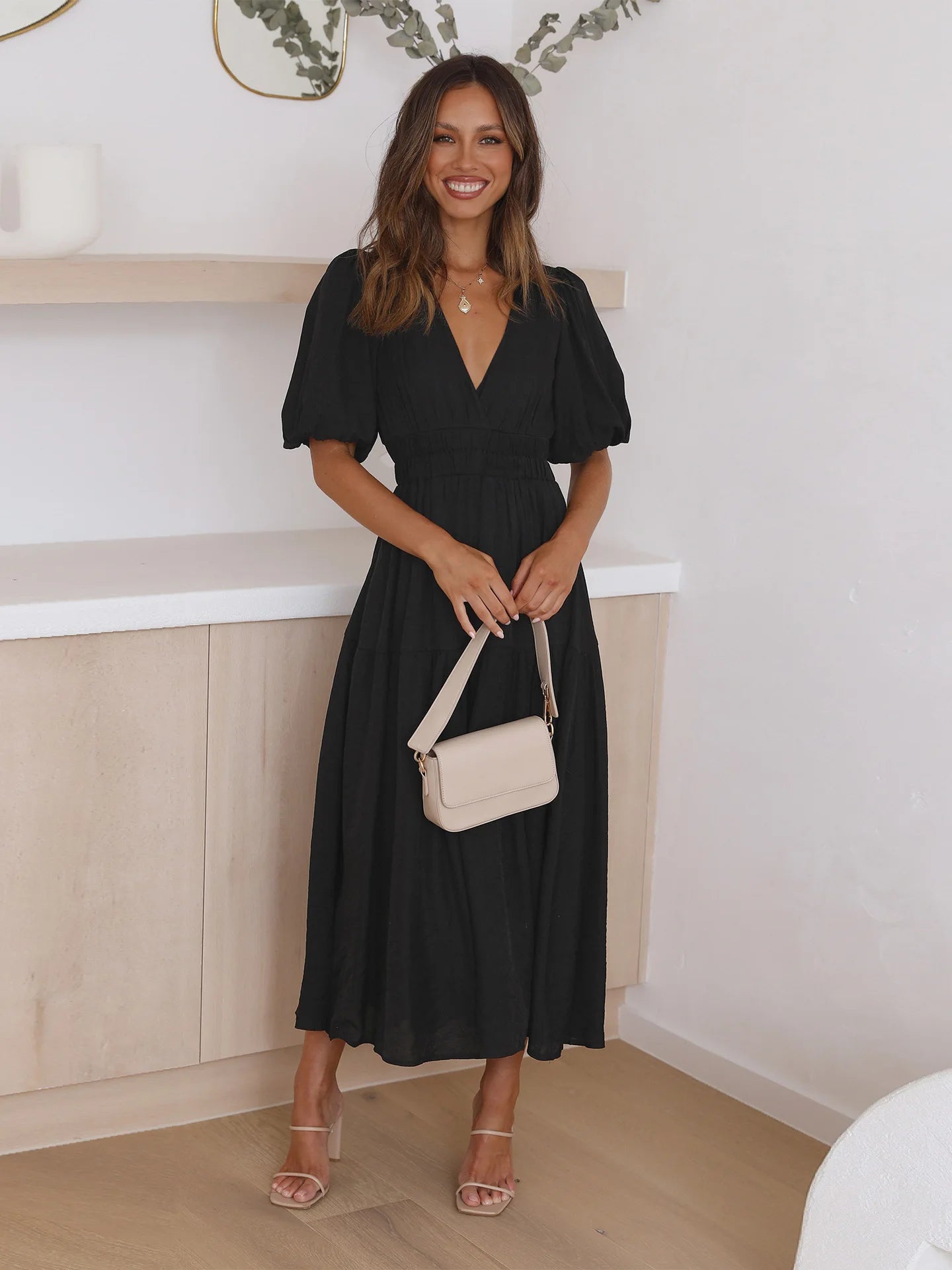 Lila Cream Puff Sleeve Midi Dress