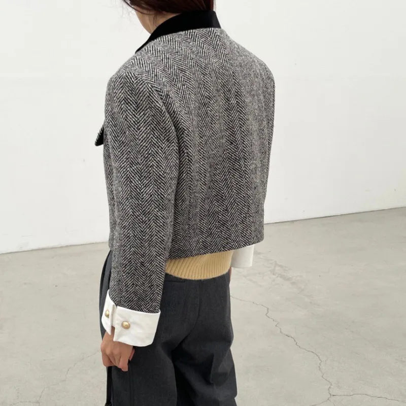Rear view of the cropped black-and-white patterned jacket